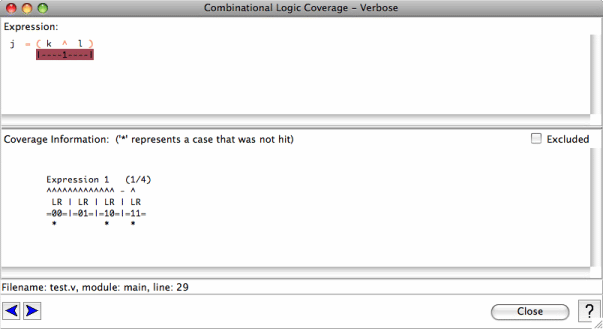 Example Coverage Output for an Uncovered Simple Combinational Subexpression