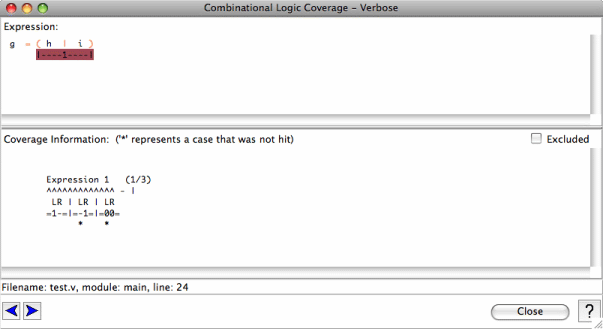 Example Coverage Output for an Uncovered Simple OR-type Combinational Subexpression