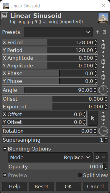 «Linear Sinusoid» filter options dialog