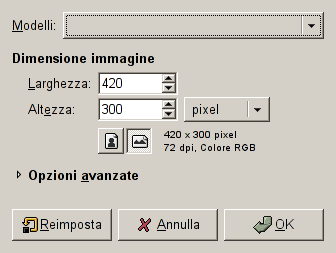 La finestra di dialogo «Crea una nuova immagine»