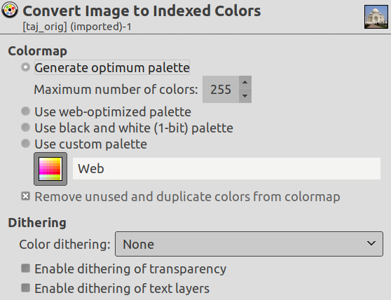 Dialog “Convert Image to Indexed Colors”