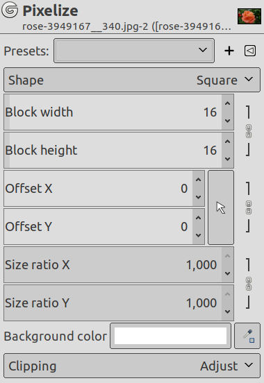 “Pixelize” filter options