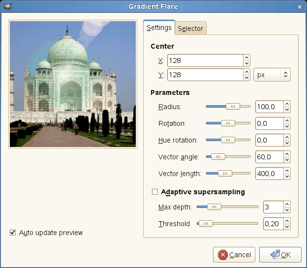 “Gradient Flare” filter options (Settings)