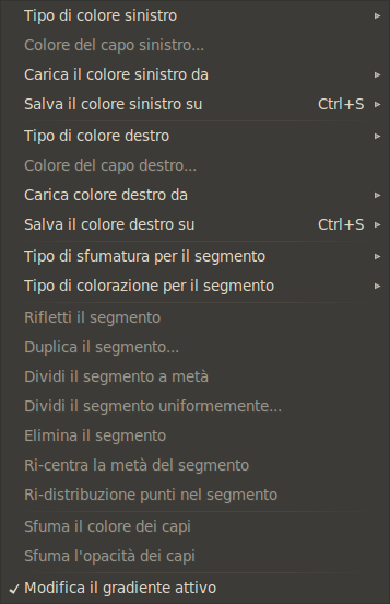 Il menu dell'editor del gradiente