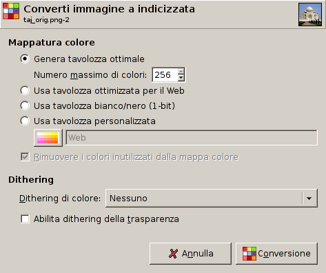 La finestra di dialogo «Converti immagine a indicizzata»