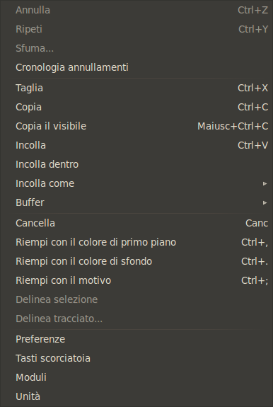 Il contenuto del menu «modifica»