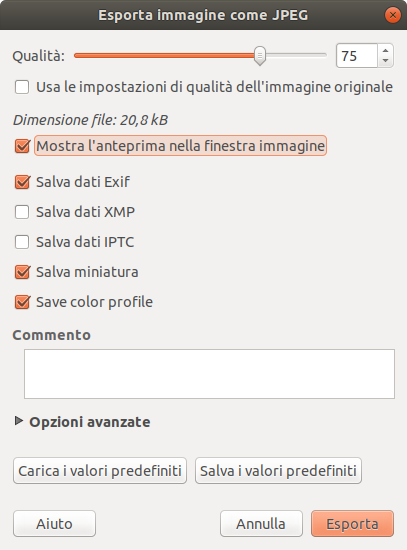 Finestra di dialogo «Esporta come JPEG» con qualità 75.