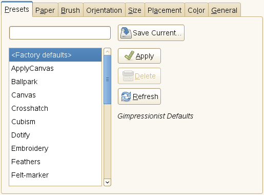 “Presets” tab options