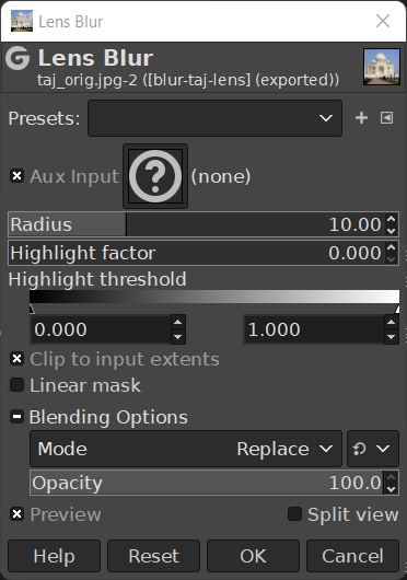 Lens Blur filter dialog options