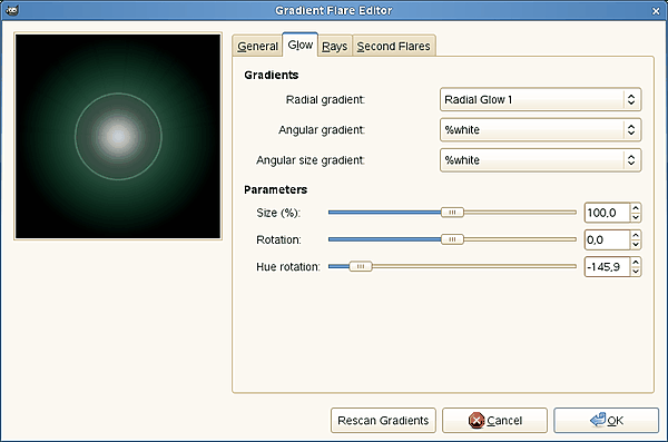 “Gradient Flare Editor” options (Glow)