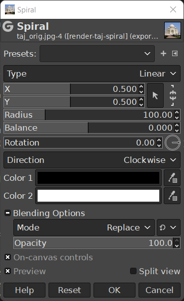 «Spiral» filter options dialog