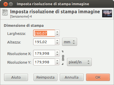 La finestra di dialogo «Imposta risoluzione di stampa immagine»