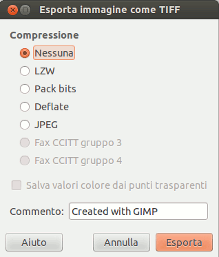 La finestra di dialogo di esportazione in TIFF