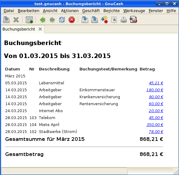 Buchungsbericht für das Aufwandskonto im Monat März