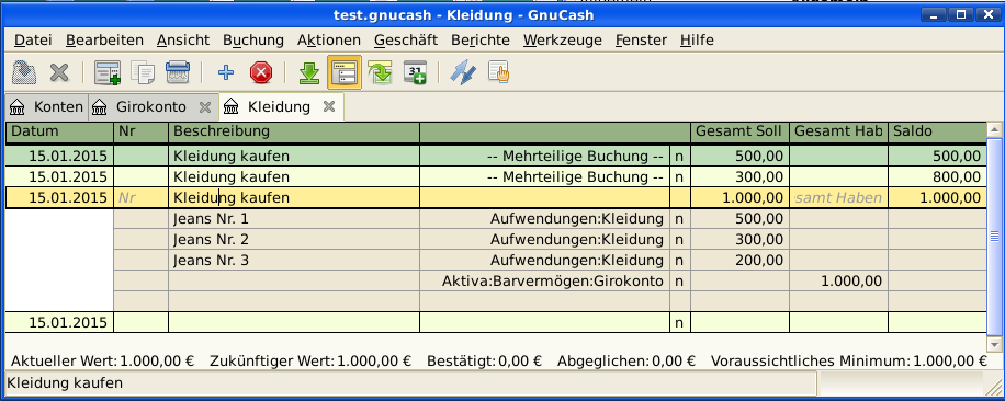 Ansicht des Kontos Aufwand:Kleidung