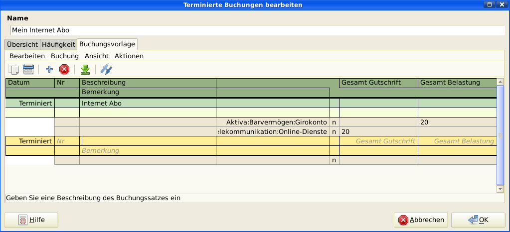 Terminierte Buchungen bearbeiten — Karteikarte Buchungsvorlage