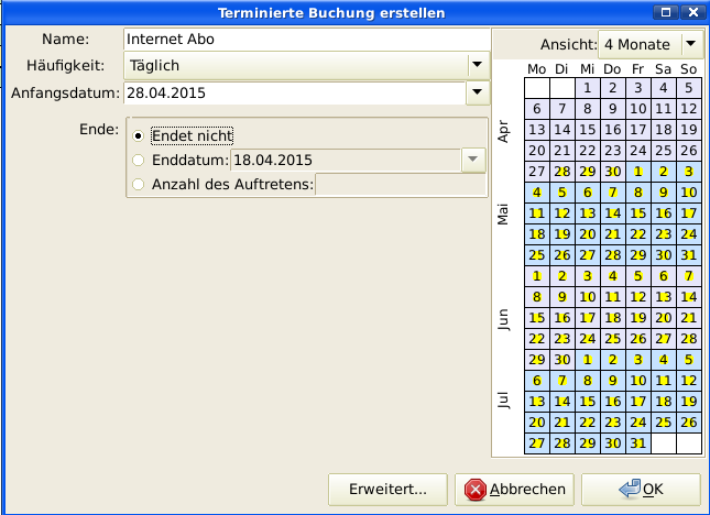 Eintrag der Daten einer terminierten Buchung