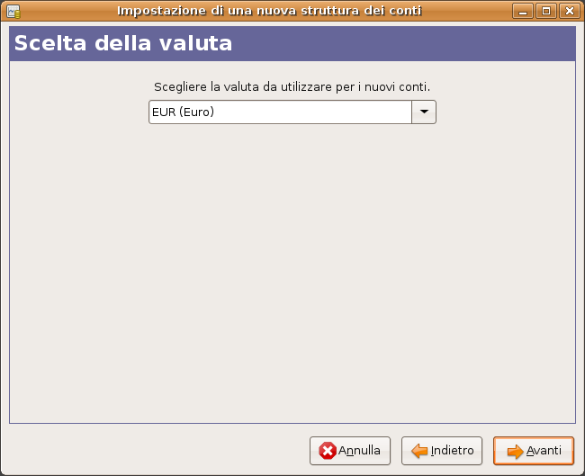 L’assistente per l’impostazione di una nuova struttura dei conti - Valuta