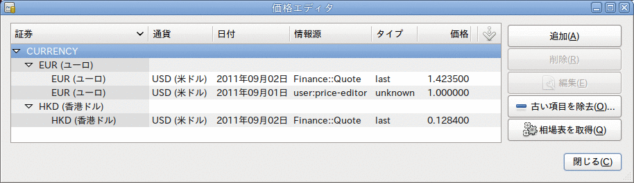 価格エディターウィンドウ