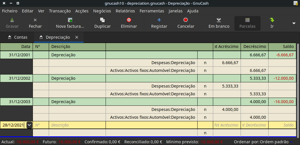 Diário da conta de depreciação do activo