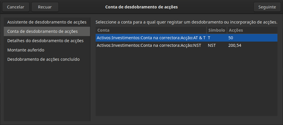 Passo 2 do assistente de desdobramento de acções - seleção de conta/acção