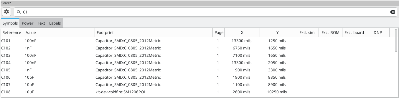 Search panel, with a footprint selected