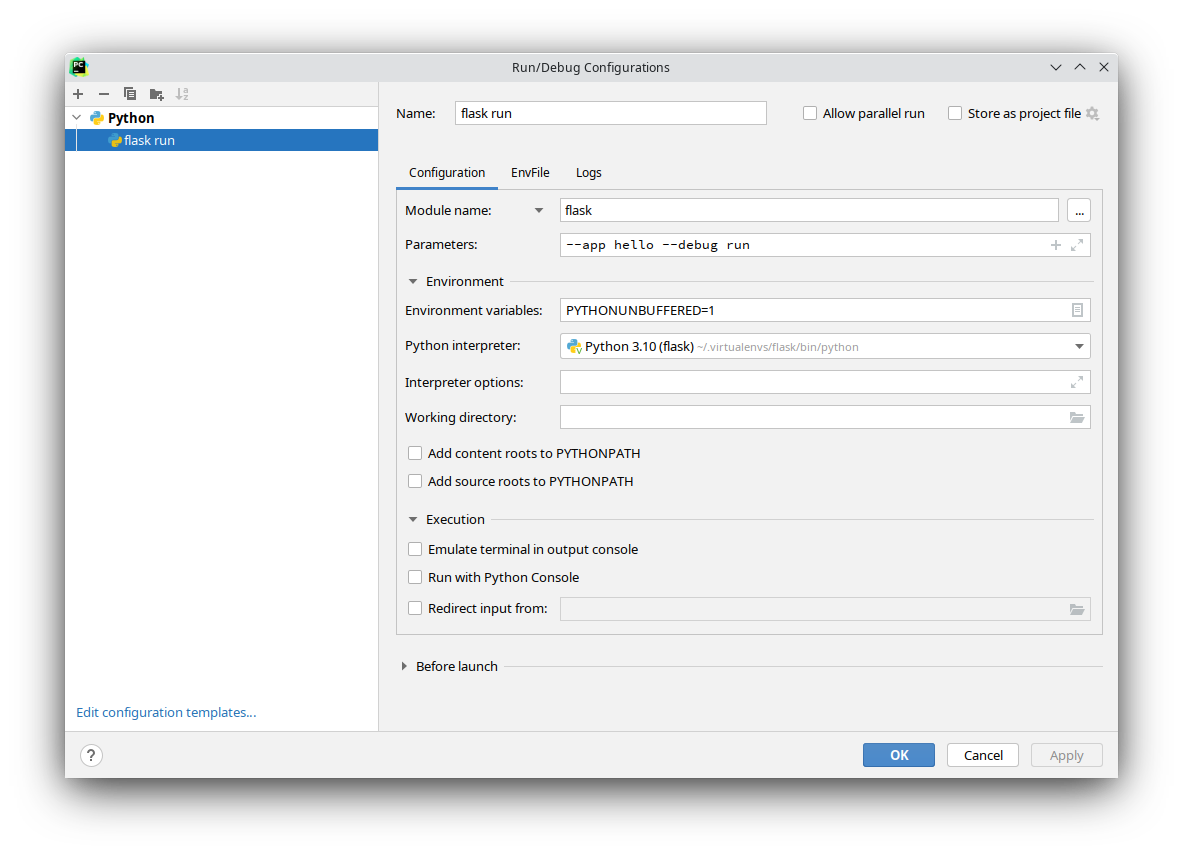 Screenshot of PyCharm run configuration.