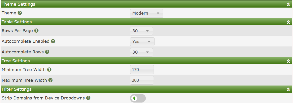 Settings Visual Theme, Table, Tree and Filter