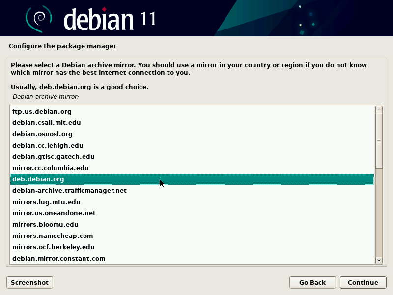 Výběr kopie datového úložiště Debianu