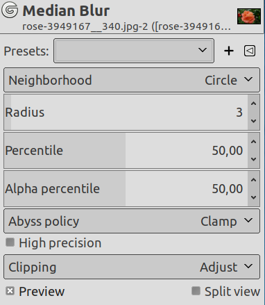 “Median” filter parameters