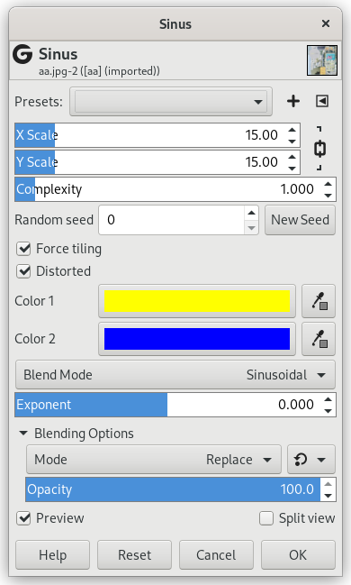 “Sinus” filter options (Settings)