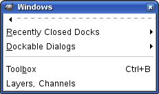 The “windows” submenu and its tear-off submenu