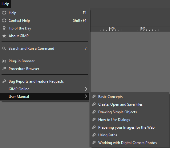 The “User Manual” submenu of the Help menu