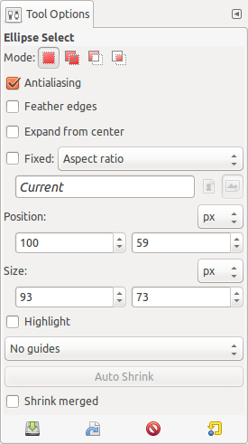 Tool Options for the Ellipse Select tool