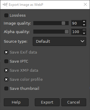 The WebP Export dialog