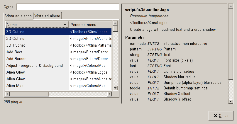 La vista elenco della finestra di dialogo del «Navigatore di plug-in»