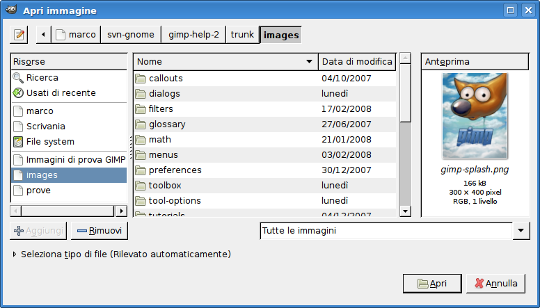 La finestra di dialogo «Apri immagine»