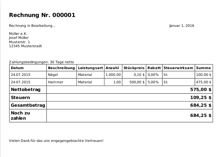 Druckausgabe Rechnung