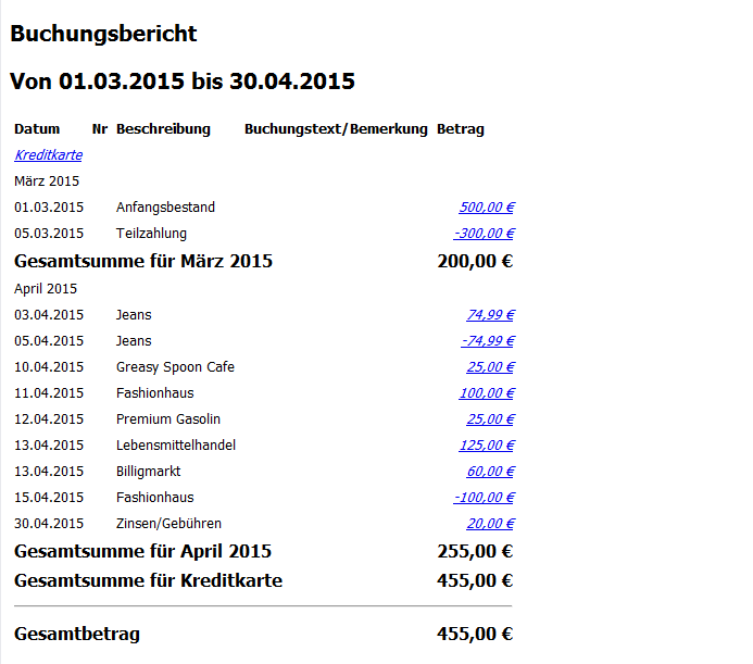 Buchungsbericht für das Kreditkartenkonto für die Monate März und April