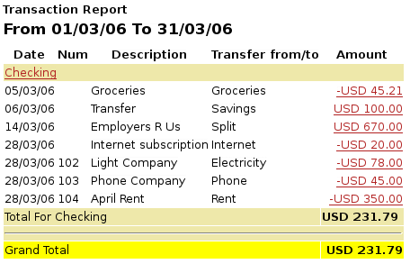 Transaction Report For The Checking Account During March