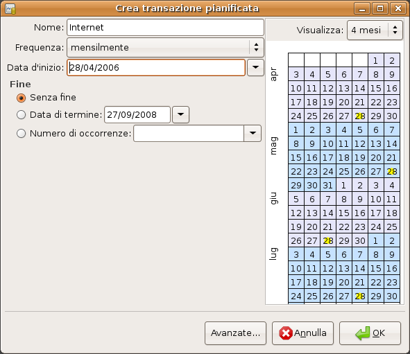 Inserimento dei dati nella transazione pianificata