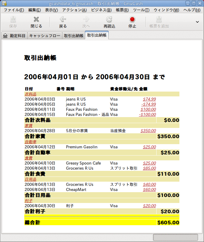 4月の費用勘定科目の取引出納帳