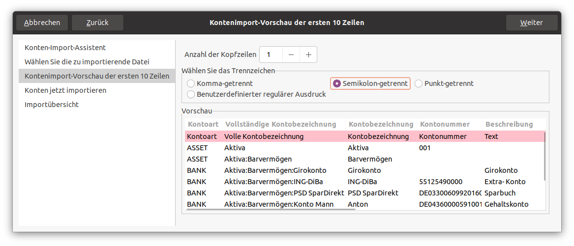 Der CSV Import Vorschau Bereich