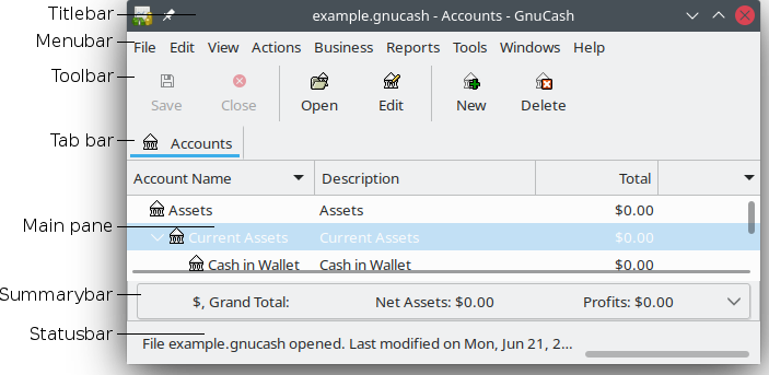 The Main GnuCash Window