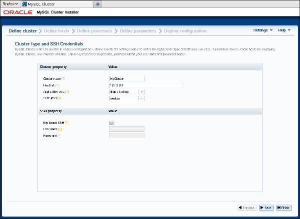 The NDB Cluster Auto-Installer Define Cluster screen.