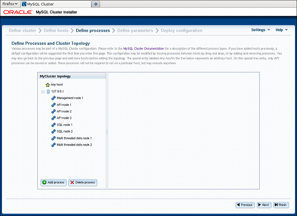 The NDB Cluster Auto-Installer Define Processes screen.