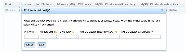 NDB Cluster Auto-Installer Edit Hosts dialog.