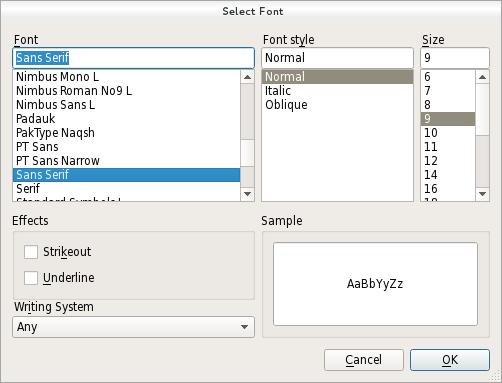 A font dialog in the Fusion widget style.