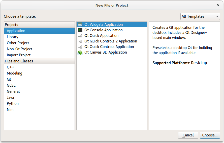 "Qt Creator New File or Project dialog"